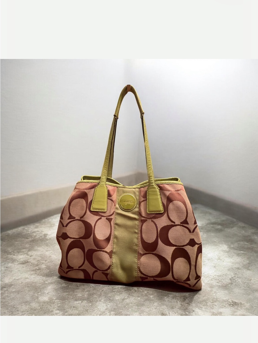Coach Signature Canvas with Green Stripe Framed Carryall F13533